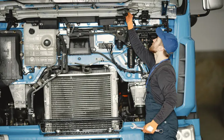 Diesel truck mechanic working on an engine in a repair workshop