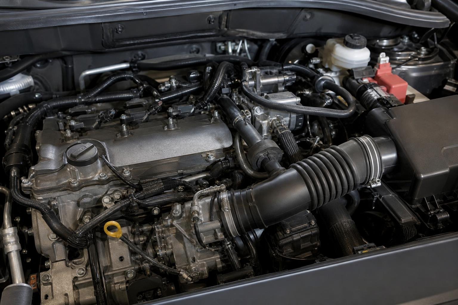 Engine bay of a vehicle showing intake, harness routing, and accessory layout