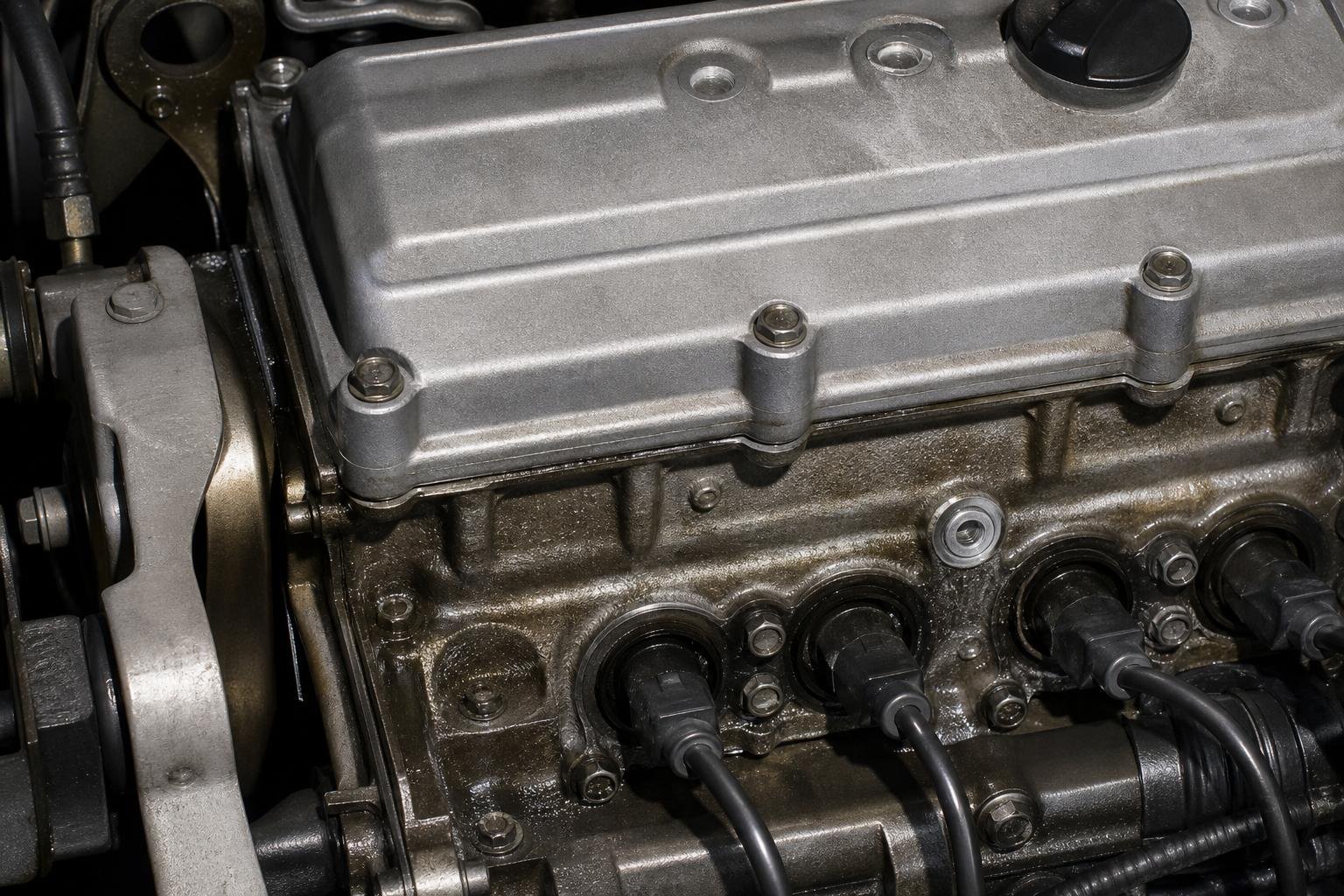 Close detail of an aluminum cylinder head and fastener pattern on a replacement engine