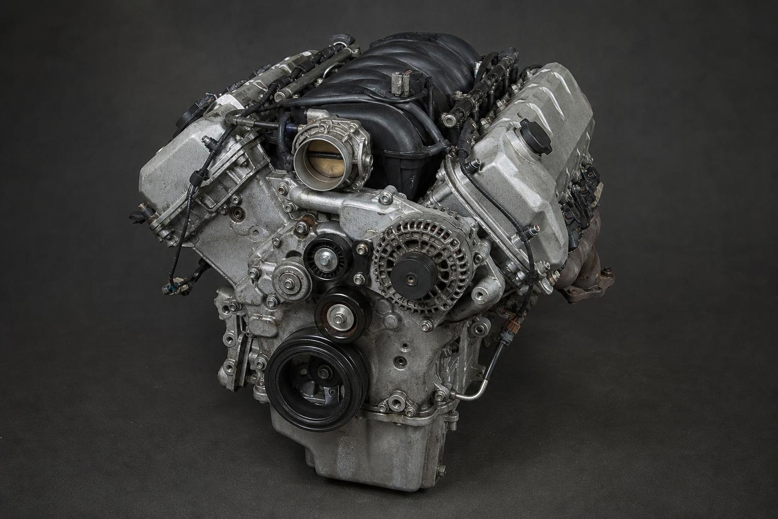 Used Ford 5.0 liter Coyote Generation 3 complete V8 engine on a dark studio background