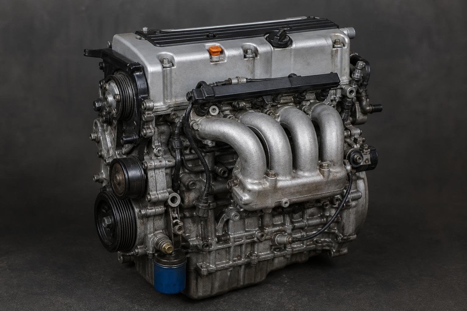 Used Honda K24A 2.4 liter i-VTEC complete four-cylinder engine on a dark studio background