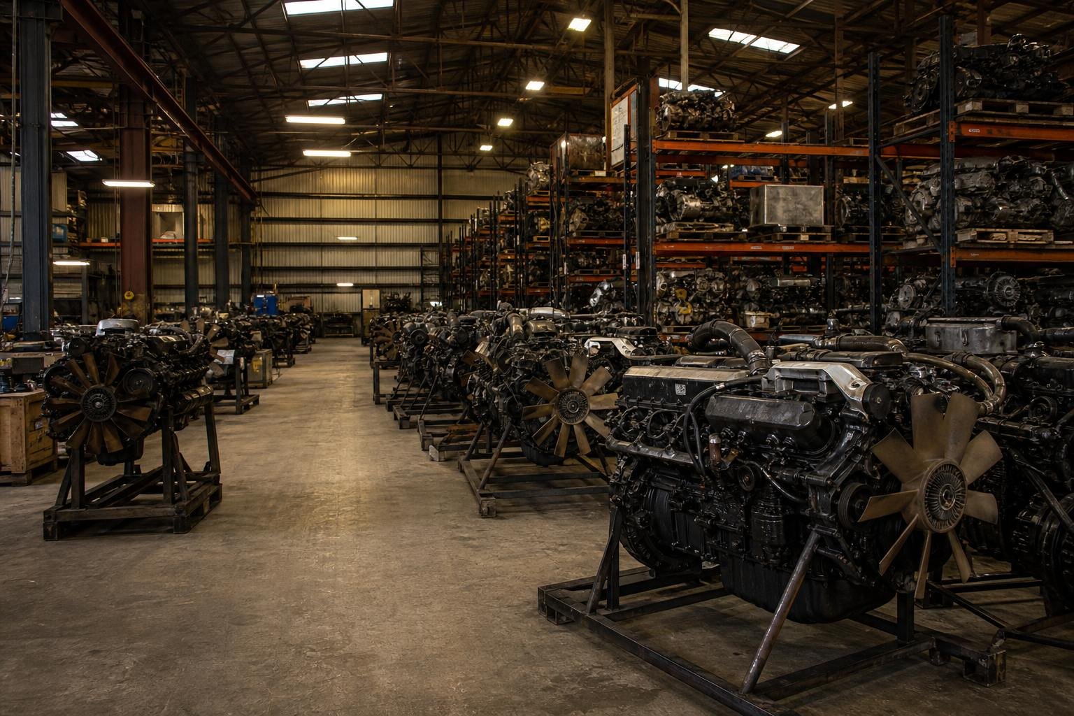 Engines on stands in an industrial warehouse aisle